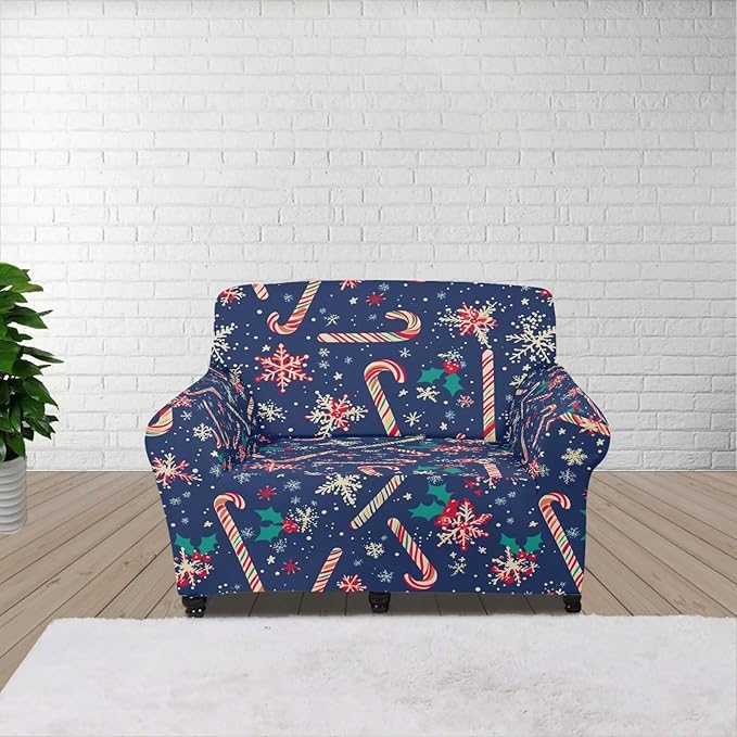 FKELYI Christmas Easy Going Stretch Sofa Slipcover Blue Candy Cane Furniture Protector Easy Going Stretch Sofa Slipcovers with Elastic Bottom S