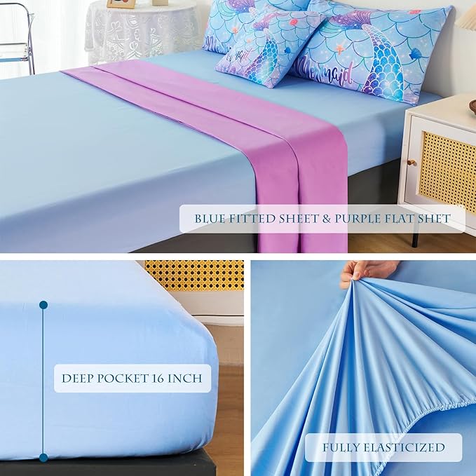 URBONUR 6Pcs Twin Comforter Set for Girls Pastel Purple Blue Mermaid Printed Bedding Set for Girls Bedroom, Soft All Season Bed in a Bag Comforter with Sheet Set, Twin Size
