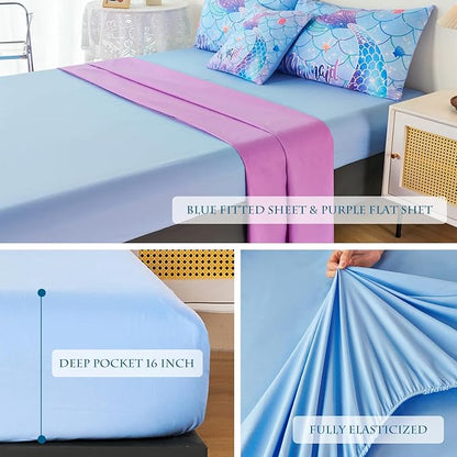 URBONUR 6Pcs Twin Comforter Set for Girls Pastel Purple Blue Mermaid Printed Bedding Set for Girls Bedroom, Soft All Season Bed in a Bag Comforter with Sheet Set, Twin Size