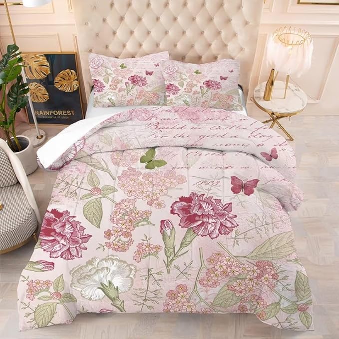 kxry Pink Flower Comforter Sets Butterfly Bedding Sets King Size Comforter Set for Girls Women Kids 1 Comforter + 2 Pillow Case