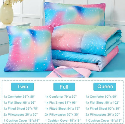 URBONUR Kids Bedding Set Twin Size 6 Pieces Comforter & Sheet Set Colorful Rainbow Tie Dye Stars Printed Girls Bedding Set Ultra Soft Bed Sets