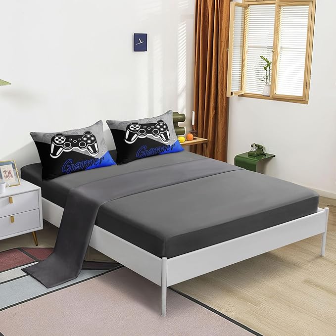 6 Pieces Gaming Bedding Set Full Size for Boys Gamer Comforter Set for Boys Girls Kids Teens 6 Piece Bed in A Bag Video Game Bedding for Gamer Room Decorative Full50