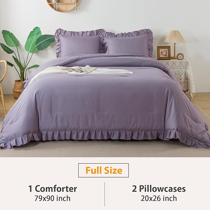 Andency Grayish Purple Comforter Set Full Size, 3 Pieces Lightweight Soft Rustic Ruffle Comforter Women Man, Solid Farmhouse Shabby Chic Microfiber Bedding Comforter Sets for All Season
