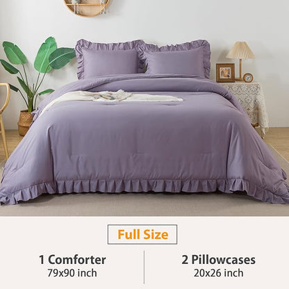 Andency Grayish Purple Comforter Set Full Size, 3 Pieces Lightweight Soft Rustic Ruffle Comforter Women Man, Solid Farmhouse Shabby Chic Microfiber Bedding Comforter Sets for All Season