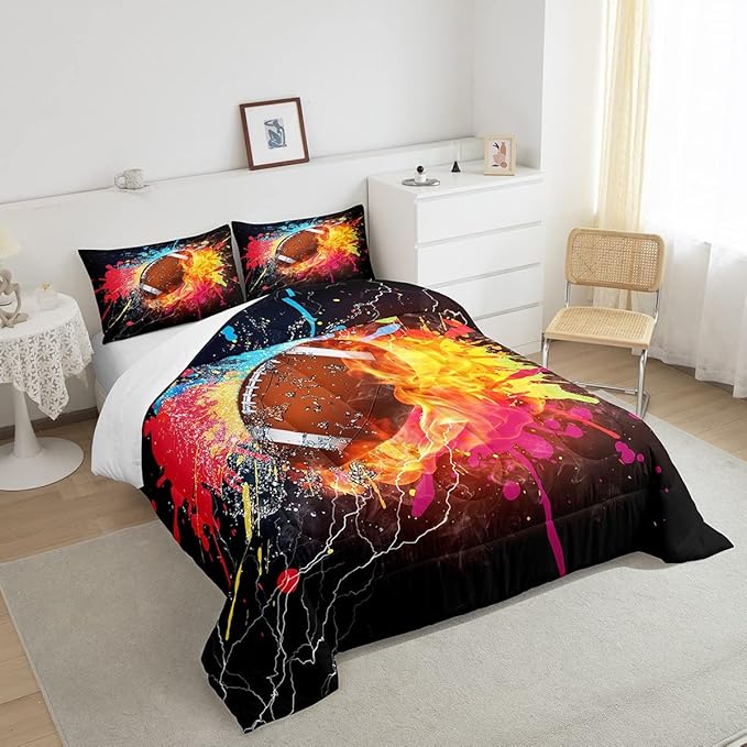 Erosebridal Football Comforter Set for Teen Boys Kids Hippie Tie Dye Sports Football Bedding Sets Rugby Bed Quilt Set Twin Size 1 Comforter and 1 Pillow Case Colorful Sport Theme Bedroom Decor