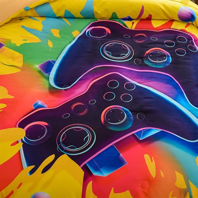 Aimuan Gamer Gaming Bedding Sets 3D Gamepad Comforter Sets for Boys Games Console Action Buttons Novelty Colorful Game Controller Modern Room Decor Home Quilt Set (Full, Yellow)