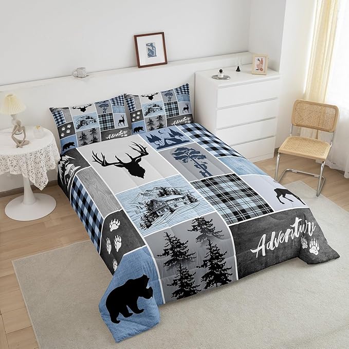 Manfei Deer Antler Comforter Set Twin Size,Bear Paws Rustic Farmhouse Xmas Bedding Set for Kids Boys Girls Adults Room Decor,Plaids Patchwork Adventure Down Comforter,Blue Duvet Insert,1 Pillowcase