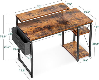 AODK 40 Inch Computer Desk with Adjustable Monitor Stand, Work Writing Desk with Shelves, PC Desk Workstation, Vintage Home Office Desk