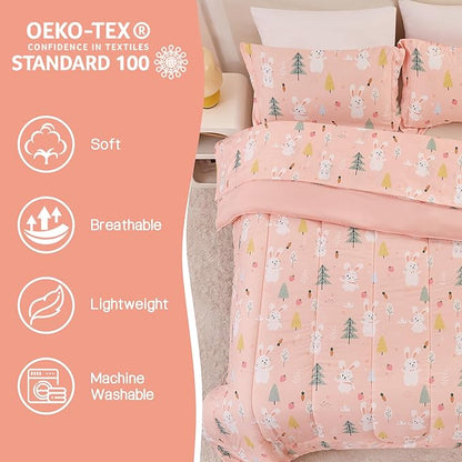 Pink Bunny Kids Comforter Set for Girls Twin, Cute Reversible Quilted Printed Woodland Bedding Set with Pillow Sham, Lightweight Soft Breathable Machine Washable Bed Set 2 Piece