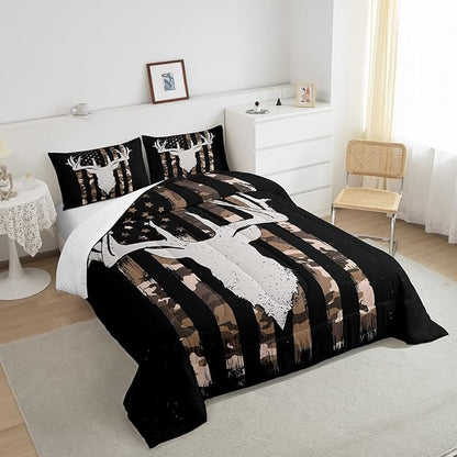 Erosebridal Brown Camo Deer Bedding Comforter Sets, American Flag Comforter Set Queen Size for Boys Teens, Western Farmhouse Antlers Bedding Retro Camouflage Geometry Striped Quilt 3 Pcs