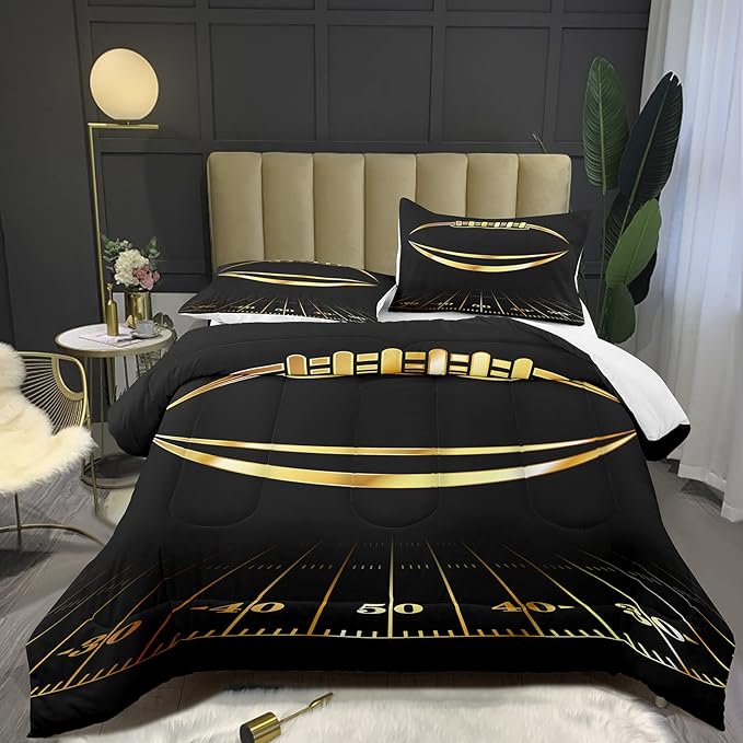 Bodhi Black and Gold Football Comforter Set King for Boys Kids Sport Comforter Football Bedding Set American Football Comforter with Pillowcase,Soft Football Quilt,King Size