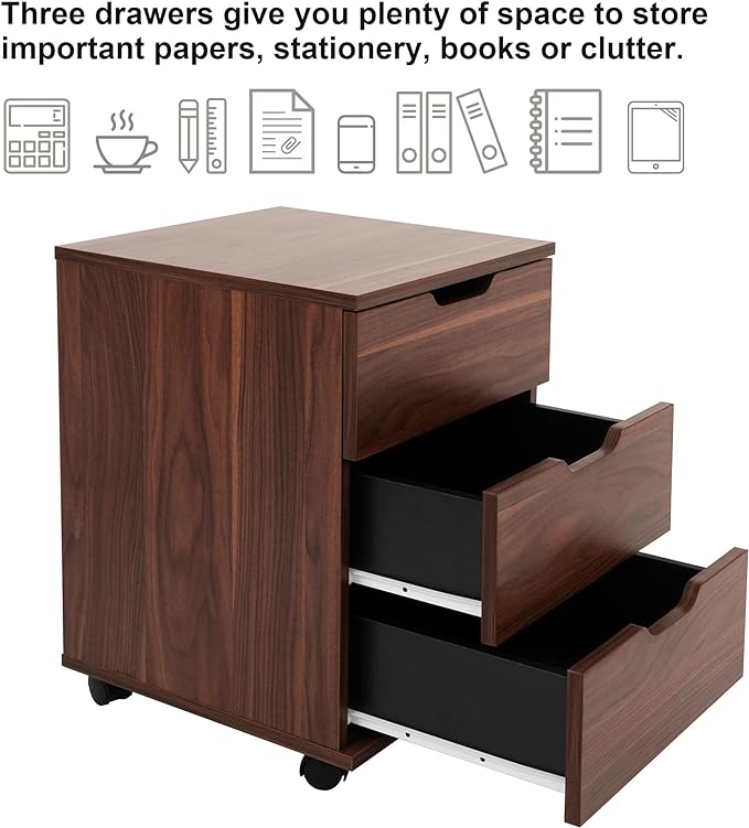 Farini 3-Drawer Vertical Filing Cabinet Rolling Wood Mobile File Cabinets Under Desk for Home Office with Casters (Brown Walnut, Fully Assembled)