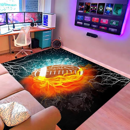 Football Rug Football Decor for Boys Bedroom Football Rug Water and Fire Cool Room Decoration Soccer Rug for Boys Room Football Printed Rug for Kids Room Playmat Rugs for Kids Room Living Room,4'×5'