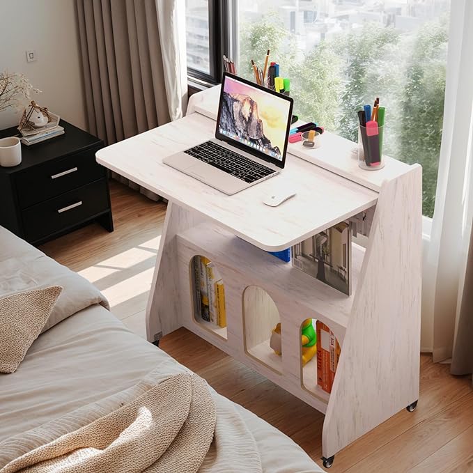 Pmnianhua Farmhouse Portable Desk on Wheels,Mobile Workstation,Rolling Computer Desk with Wheels and Storage for Home Office Small Space(white)