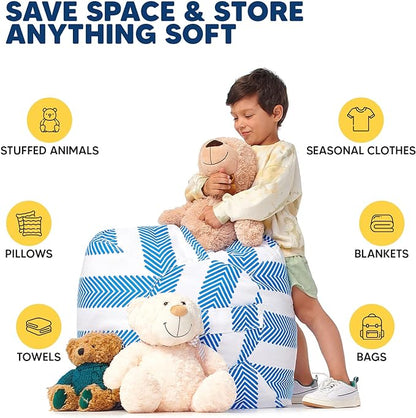 5 STARS UNITED Stuffed Animal Storage Bean Bag – Toy Storage Organizer and Bean Bag Chair for Kids Holds up to 90+ Plush Toys – Cotton Canvas Bags Cover for Boys and Girls Ages 4-11, Blue Stripes