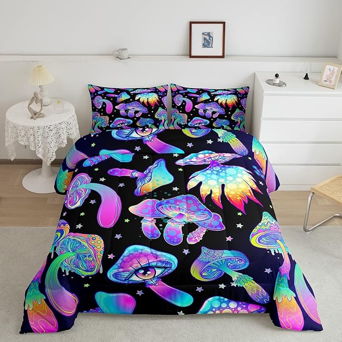 Mushroom Comforter Set King,Kawaii Trippy Botanical Bedding Set Psychedelic Plant Down Comforter for Kids Girls Teens Women Cartoon Cute Mushroom Room Decor Quilt Duvet Set with 2 Pillow Cases Black