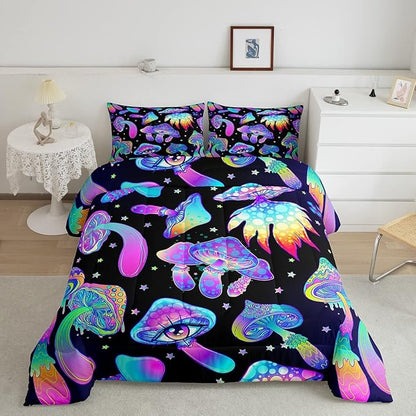 Mushroom Comforter Set Queen,Kawaii Trippy Botanical Bedding Set Psychedelic Plant Down Comforter For Kids Girls Teens Women Cartoon Cute Mushroom Room Decor Quilt Duvet Set With 2 Pillow Cases Black