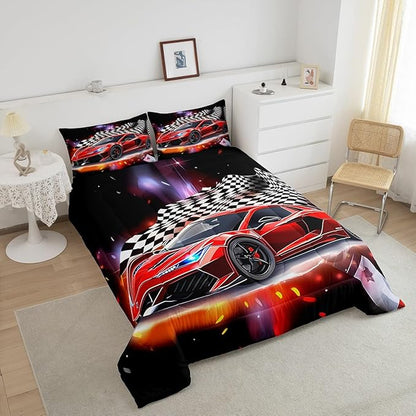 Feelyou Speed Sports Car Comforter Set King Size Extreme Sports Bedding Set for Kids Boys Girls Decor Red Comforter Microfiber Checkerboard Quilt Set Bedroom Bedclothes…