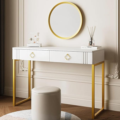 White Desk with Drawers,Modern Laptop Table with gold metal legs,43 inch Makeup Vanity Small Desk with Storage, Stylish & Functional Computer Desk Work Stations for Home Office