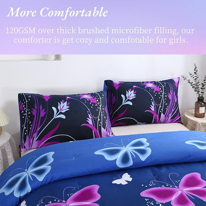 WINLIFE Butterfly Comforter Set Queen Size, 3Pcs Pink Purple Blue Black Animals Butterflies Floral Bedding Set for Girls Women, Soft Bed Set All Season Lightweight Down Alternative