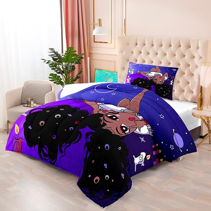 African American Comforter Sets for Girls, Black Girls Comforter Set Twin, Girls Bedroom Decor, Purple Black Girls Bedding Set Kids Comforter Sets with 1 Comforter +1 Pillowcase