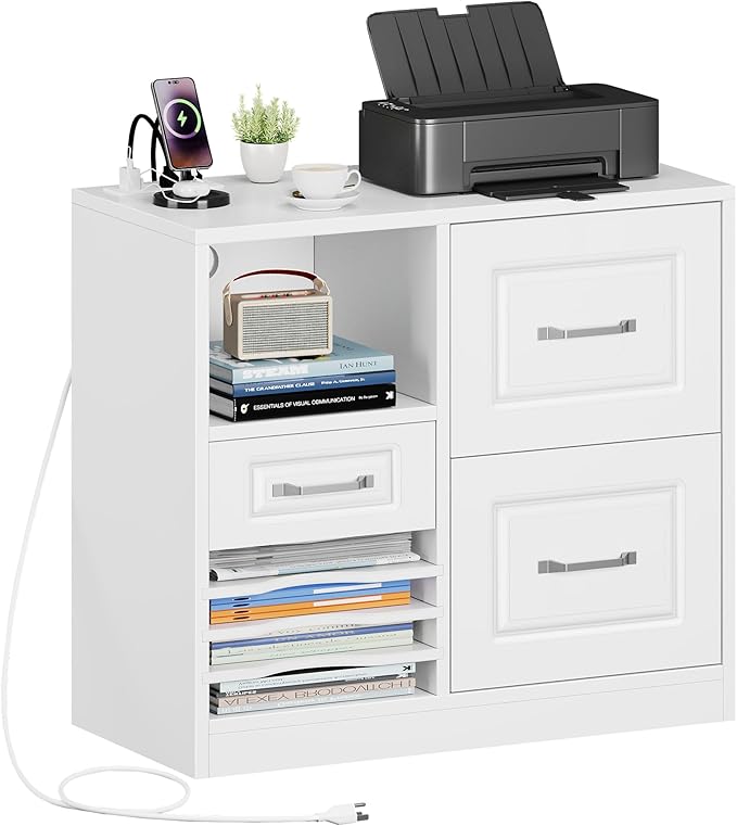 YITAHOME 3 Drawer File Cabinet, Filing Cabinet with Charging Station, Printer Stand with Open Storage Shelves, Fits for A4, Letter, Legal Size Files, White