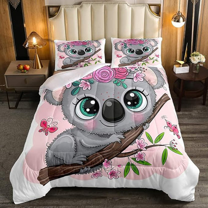 Erosebridal Cartoon Koala Comforter Set Queen Size, Cute Koala Bedding Set, Cherry Blossom Rose Quilted Duvet for Kids Baby Toddler, Nursery Quilt Set, Butterfly Branch Leaves Duvet Set
