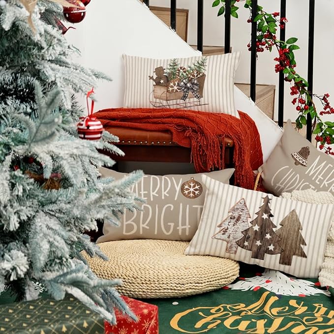 GEEORY Christmas Pillow Covers 12 x 20 Set of 4, Striped Wooden Tree Snow Sleigh Merry Bright Xmas Holiday Decor Decorative Throw Cushion Case Decoration for Home Party Sofa Couch (Brown) G399-12