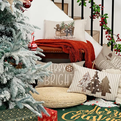 GEEORY Christmas Pillow Covers 12 x 20 Set of 4, Striped Wooden Tree Snow Sleigh Merry Bright Xmas Holiday Decor Decorative Throw Cushion Case Decoration for Home Party Sofa Couch (Brown) G399-12