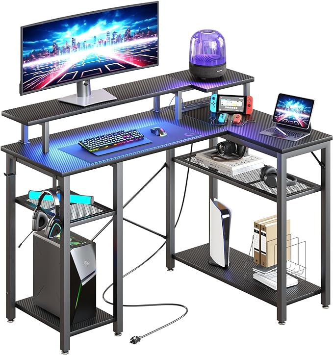 Gaming Desk with Power Outlets & Music Strip Lights, L-Shaped Desk with 2-Layer Storage on Both Sides, Large Monitor Stand for Office Home