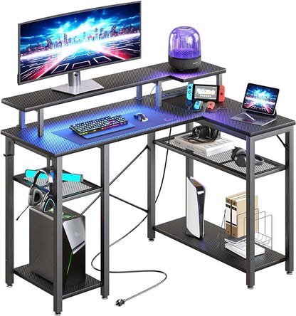 Gaming Desk with Power Outlets & Music Strip Lights, L-Shaped Desk with 2-Layer Storage on Both Sides, Large Monitor Stand for Office Home