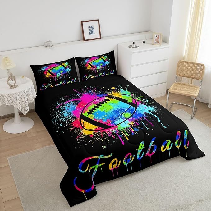 Kids Football Comforter Set Full Size Rugby Sports Game Bedding Set for Boys Girls Teens Bedroom Decor Tie Dye Comforter Women Men Soccer Player Duvet Set with 2 Pillow Case