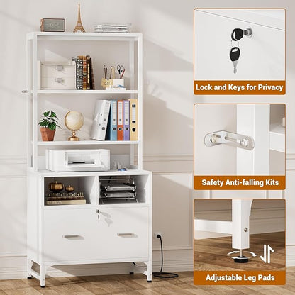 Homieasy File Cabinet with Charging Station, Vertical Filing Cabinet with Lock & Large Drawer, Printer Stand with Storage Shelves, Office Storage Cabinet fits Letter/A4/Legal Size, White