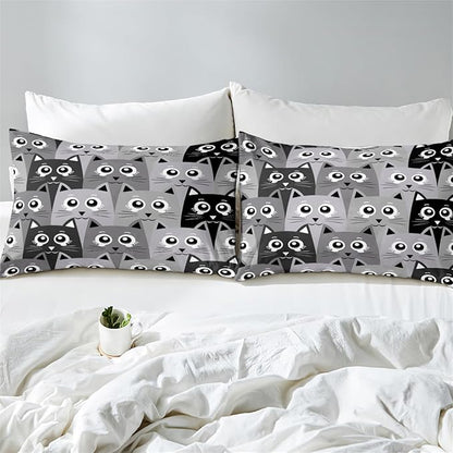 Cartoon Cat Bedding Set - 3Pcs Cute Cat Comforter Set for Bedroom Kids Boys Girls Cat Bedding Decor for All-Season Kawaii Kitten Pattern Lovely Animal 1 Cat Comforter with 2 Pillowcases, Full Size