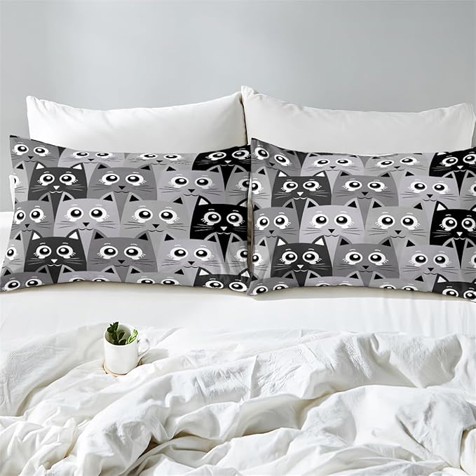 Cat Queen Comforter Set for Bedroom - 3Pcs Grey Cat Comforter Set for Teens Kids Cute Cartoon Cat Bedding Set Ultra Soft Warm Lightweight Kawaii Animal Patterns Comforter with 2 Pillowcases
