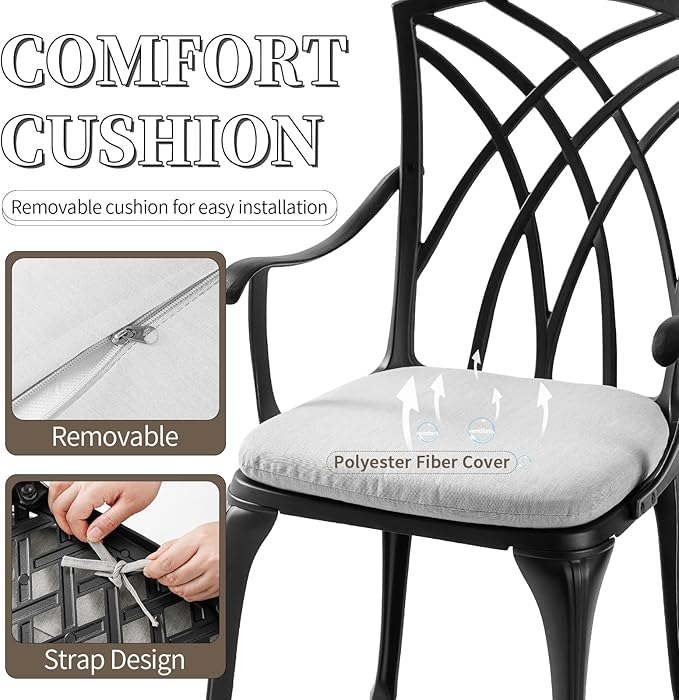 3 Piece Bistro Table Set Cast Aluminum Outdoor Bistro Table and Chairs Set of 2 with Cushion,Patio Bistro Sets with 1.97" Umbrella Hole,Metal Bistro Patio Set for Garden,Black