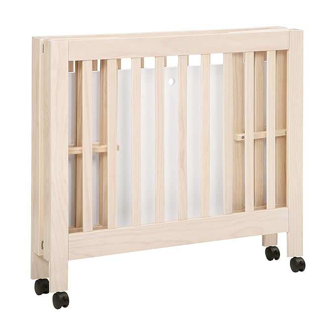 Babyletto Origami Mini Portable Crib Folding with Wheels in Washed Natural, 2 Adjustable Mattress Positions, Greenguard Gold Certified