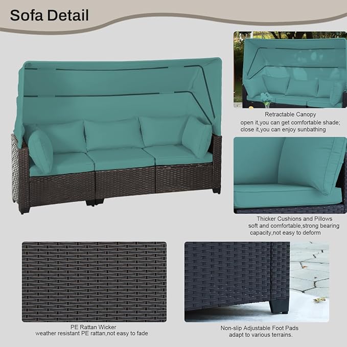 6 PCS Outdoor Patio Furniture Set,Sectional Sofa Set,Rattan Daybed with Retractable Canopy,Adjustable Backrest,Storage Coffee Table,Chaise Chair Sunbed for Garden Poolside Backyard(Walnut Green)