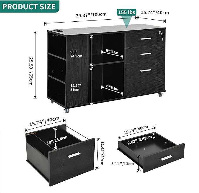 YITAHOME 3 Drawer File Cabinet with Charging Station, Home Office Furniture, Black