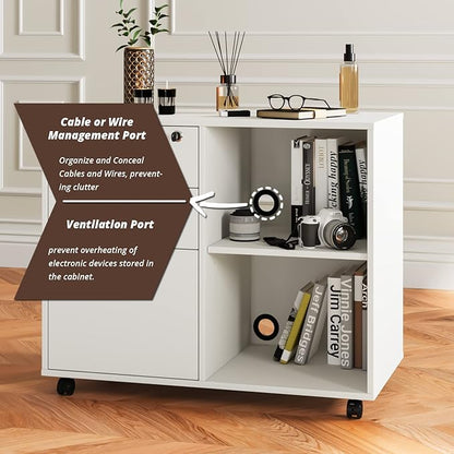Maxtown Wood Filing Cabinet, Mobile Lateral Filing Cabinet with Lock, 3 Drawer Filing Cabinet with Open Storage Shelves, Printer Stand with Storage, White