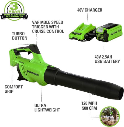 Greenworks 40V (120 MPH / 500 CFM / 75+ Compatible Tools) Cordless Axial Leaf Blower, 2.5Ah Battery and Charger Included