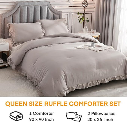 Andency Wheat Ruffle Comforter Queen(90x90Inch), 3 Pieces(1 Ruffled Comforter and 2 Pillowcases) Vintage Ruffle Fringe Comforter, Farmhouse Rustic Microfiber Down Alternative Bedding Comforter Set