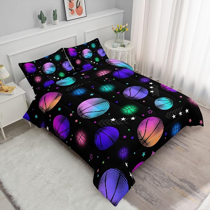 Datura home Kids Comforter Set Glowing Basketball Printed Pattern Bedding Set with 1 Comforter and 2 Pillowcases for Girls Boys Bedroom All Season(Basketball1 Queen)