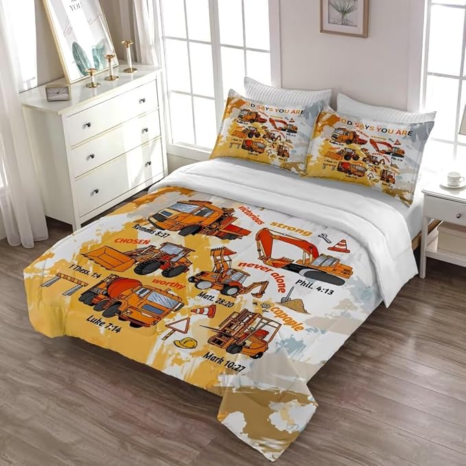 Kids Construction Vehicles Truck Comforter for Boys Twin,Cartoon Car Excavator Tractor Bedding Set,Construction Christian Spirational Quotes Comforter with 2 Pillowcases Yellow