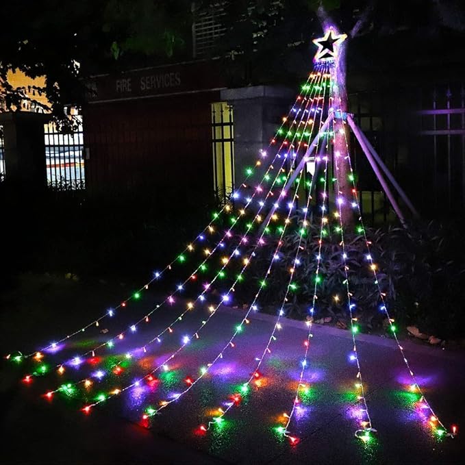 PUHONG Christmas Decoration Outdoor Star String Lights,16.4Ft Christmas Tree Toppers Lights 320 LED 8 Memory Modes with 14" Lighted Star for Halloween Christmas New Year Holiday Birthday
