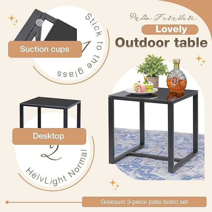 Greesum 3 Pieces Outdoor Furniture Set Patio Bistro Rocking Chairs with Glass Coffee Table for Pool Beach Backyard Balcony Porch Deck Garden, Gray