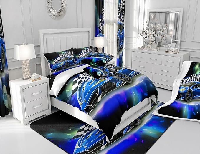Feelyou Blue Racing Car Comforter Set King Size, Fast and Furious Extreme Sport Games Bedding Sets for Kids Boys Teens,Sports Car Bed in A Bag,Cool Modern Duvet Insert with 2 Pillowcases