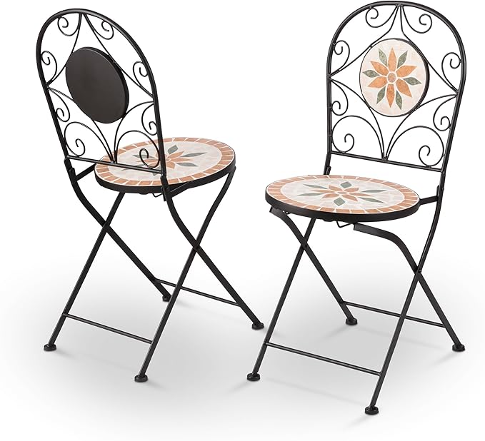 Alpine Corporation Indoor/Outdoor 3-Piece Mosaic Bistro Set Folding Table and Chairs Patio Seating, Tan