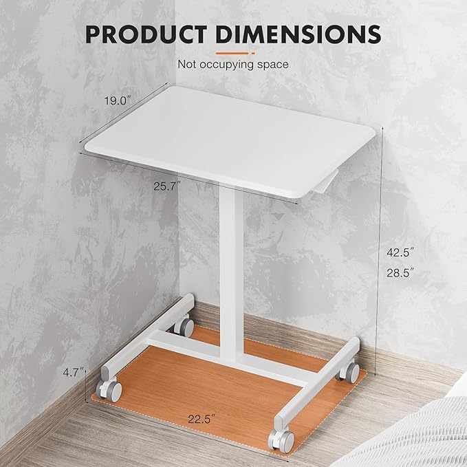 edx Small Mobile Rolling Standing Desk - Overbed Table, Teacher Podium with Wheels, Adjustable Work Table, Rolling Desk Laptop Computer Cart for Home, Office, Classroom, White