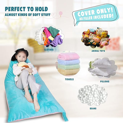 Stuffed Animal Storage Bean Bag Chair Cover, Velvet Pink Lake Blue Plush Toy Storage Stuff and Sit Seat for Kids/Teens/Adults, 52" x 31" Extra Large Triangle Floor Sofa, 200L/52Gal, Cover Only